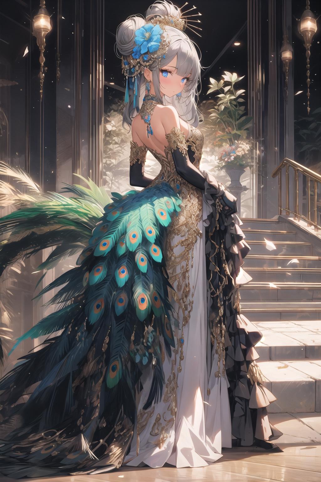 Anime illustration, of a woman wearing a magical peacock dress, well  defined, close up, well detailed eyes, well defined face on Craiyon